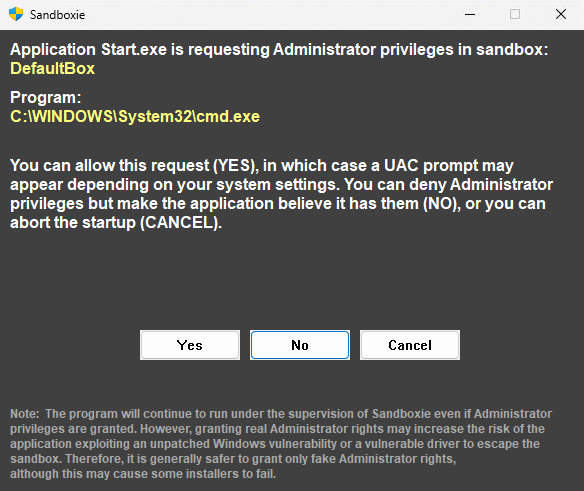 Sandboxie UAC Prompt